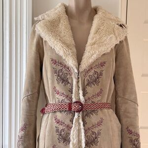 EXPRESS Embroidery & Faux Fur Lined Midi Suede Coat Penny Lane Style| Xsml & Sml